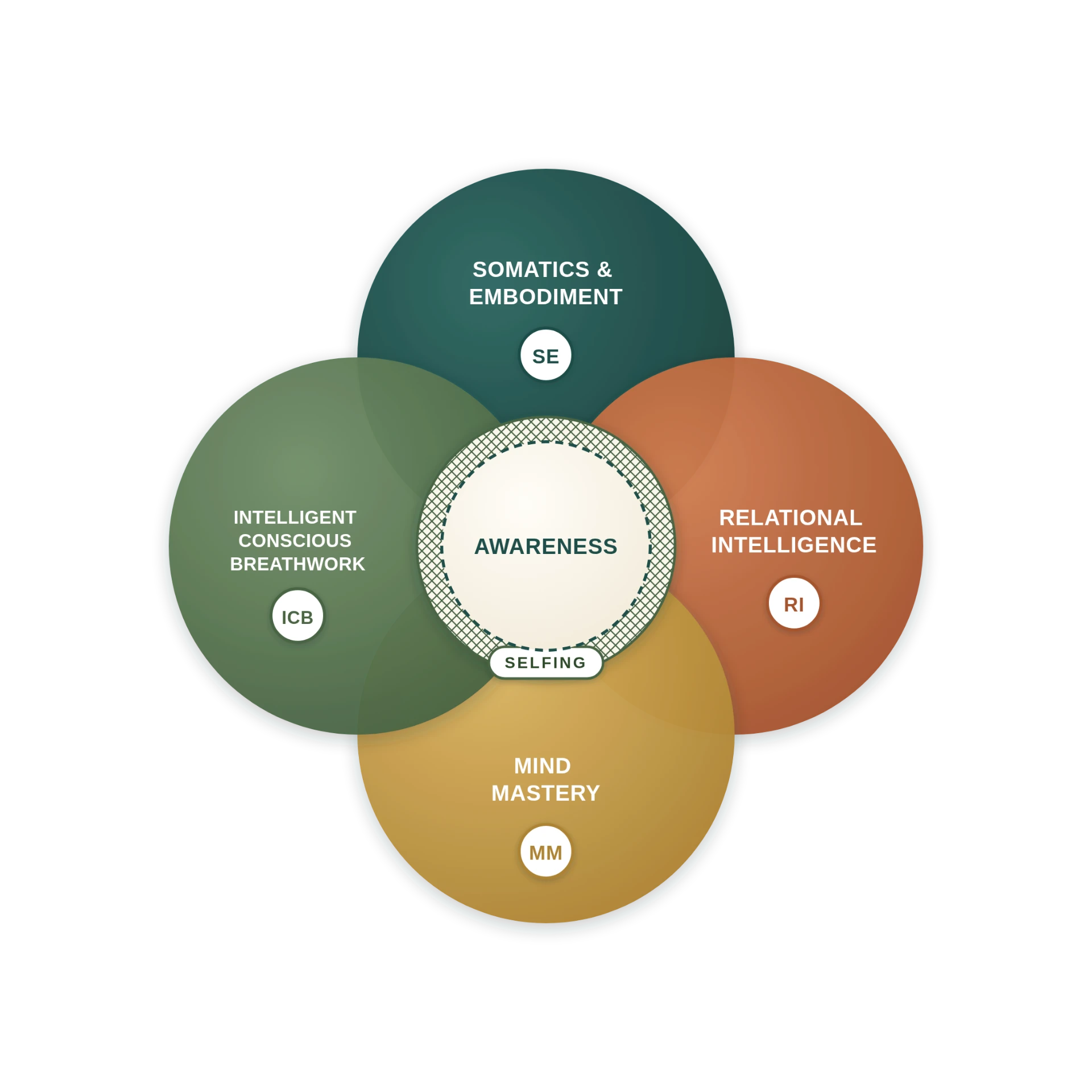 Evolving Coherence Method diagram: four overlapping pillars converging on an Awareness core ringed by Selfing